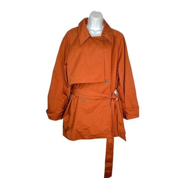Lattelier Cotton Trench Coat Belted Swing Double Breasted Burnt Orange Fall LG - Picture 1 of 12